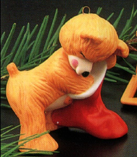 Aunt Krismas 'Cinnamon Bear with Sock' ornament by Hallmark. Year: 1987 - Porcelain Bear series #5. 'Slightly Damaged Box' condition.