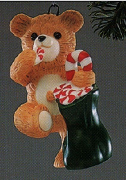 Aunt Krismas 'Cinnamon Bear with Candy' ornament by Sharon Pike. Year: 1989 - Porcelain Bear series #7. 'Mint In Box' condition.