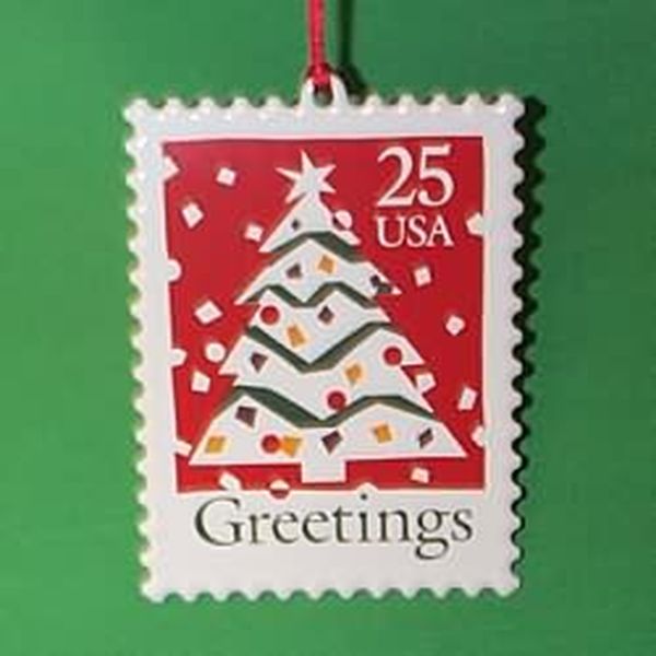 Aunt Krismas 'Greetings with Christmas Tree' ornament by Hallmark. Year: 1995 - U.S. Christmas Stamps series #3. 'Mint In Box' condition.