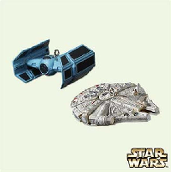 Aunt Krismas 'Tie Advanced x1 and Millenium Falcon' ornament by Lynn Norton, Dill Rhodus. Year: 2005 - Star Wars Ships series #0. 'Mint In Box' condition.