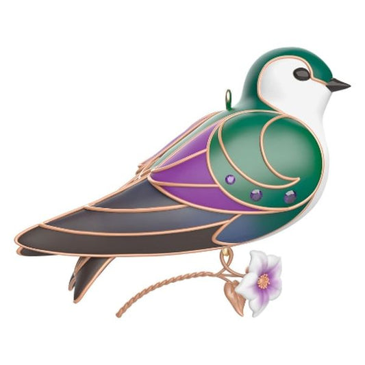 Aunt Krismas 'Violet-Green Swallow' ornament by Emma Leturgez-Smith. Year: 2024 - Beauty of Birds series #20. 'Mint In Box' condition.