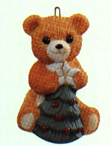 Aunt Krismas 'Cinnamon Bear with Christmas Tree' ornament by Hallmark. Year: 1990 - Porcelain Bear series #8. 'Mint In Box' condition.