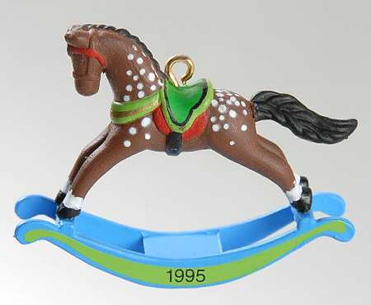 Aunt Krismas 'Brown Spotted - Green Rocker' ornament by Linda Sickman. Year: 1995 - Miniature Rocking Horse series #8. 'Mint In Box' condition.