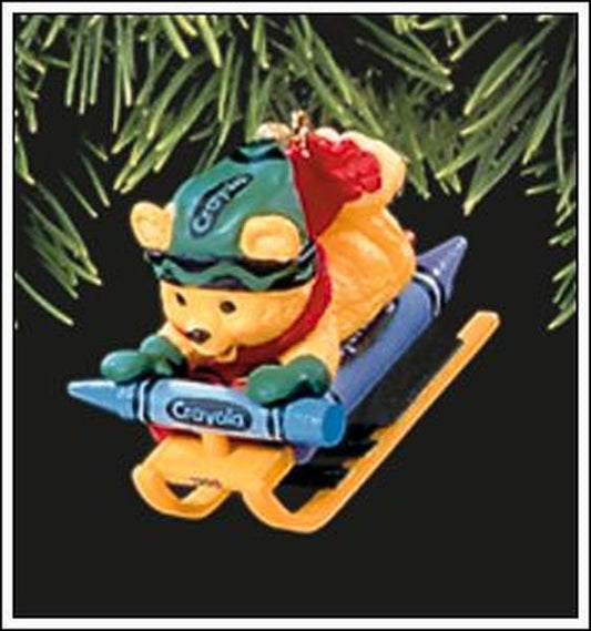 Aunt Krismas 'Bright Sledding Colors' ornament by Sue Tague. Year: 1998 - Crayola Crayon series #10. 'No Box' condition.