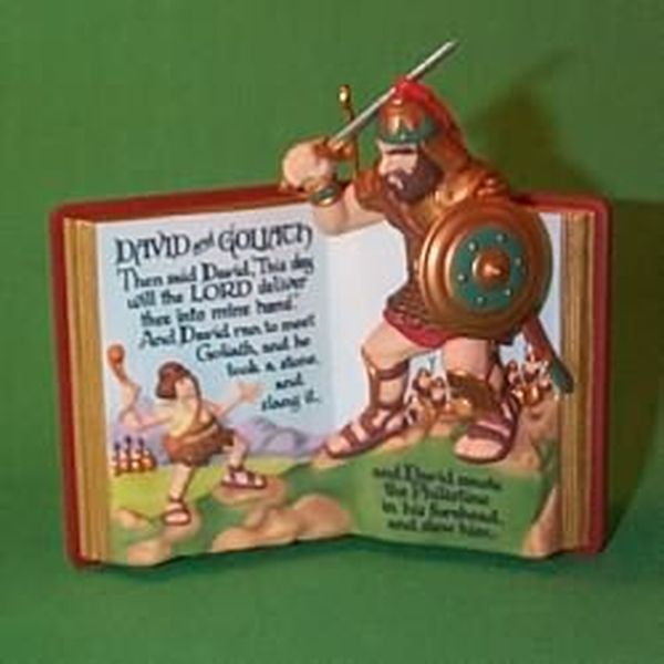 Aunt Krismas 'David and Goliath' ornament by Tracy Larsen. Year: 1999 - Favorite Bible Stories series #1. 'Mint In Box' condition.