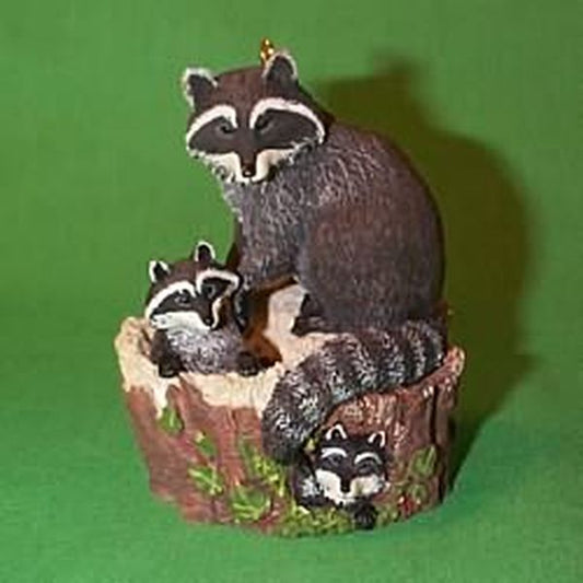 Aunt Krismas 'Curious Raccoons' ornament by Mark Newman. Year: 1999 - Majestic Wilderness series #3. 'Mint In Box' condition.