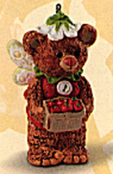 Aunt Krismas 'Strawberry' ornament by Sue Tague. Year: 1999 - Fairy Berry Bears series #1. 'Mint In Box' condition.