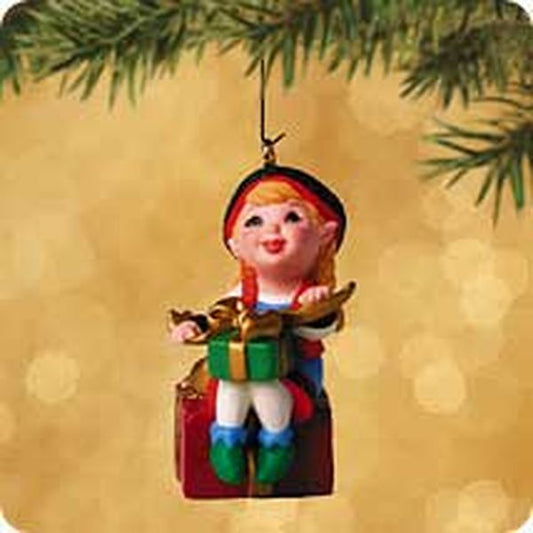 Aunt Krismas 'Curius the Elf' ornament by Tammy Haddix. Year: 2002 - Santa’s Big Night  series #0. 'Mint In Box' condition.