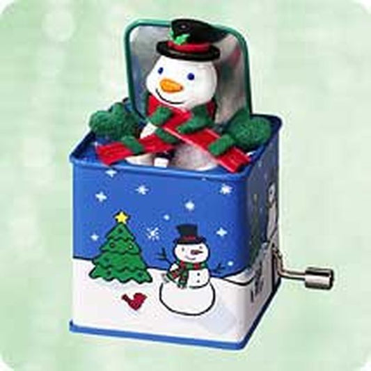 Aunt Krismas 'Pop! Goes the Snowman' ornament by Sharon Visker. Year: 2003 - Jack-in-the-Box  Memories series #1. 'Mint In Box' condition.