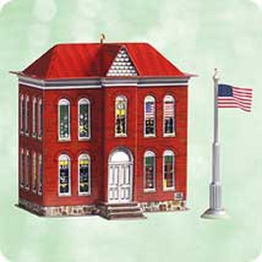 Aunt Krismas 'Schoolhouse and Flagpole' ornament by Linda Sickman. Year: 2003 - Town and Country series #5. 'Mint In Box' condition.