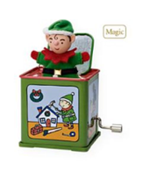 Aunt Krismas 'Pop! Goes the Elf' ornament by Sharon Visker. Year: 2009 - Jack-in-the-Box  Memories series #7. 'Mint In Box' condition.