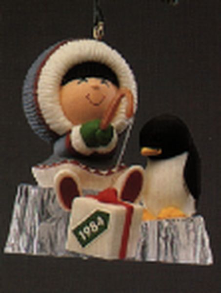 Aunt Krismas 'Ice Fishing' ornament by Ed Seale. Year: 1984 - Frosty Friends series #5. 'Mint In Box' condition.