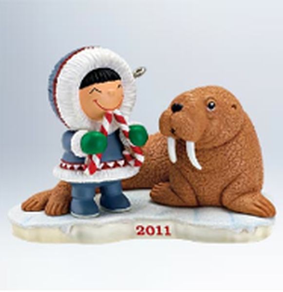 Aunt Krismas 'Candy Cane Walrus Tusks' ornament by Tom Best. Year: 2011 - Frosty Friends series #32. 'Mint In Box' condition.